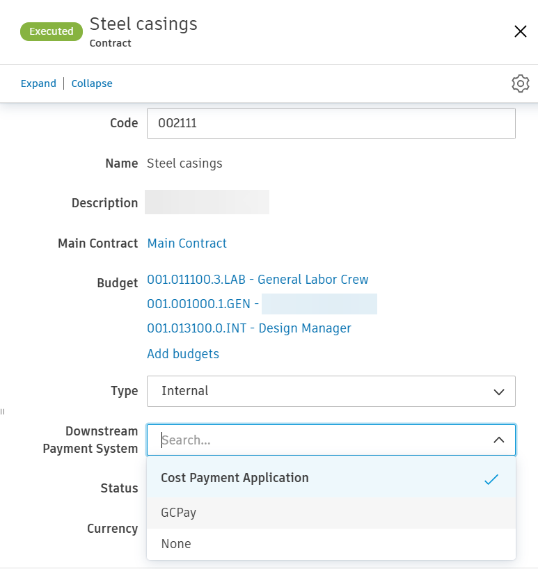 Contract flyout Details panel showing the Downstream payment system drop-down with Cost Payment Application, GCPay, and None