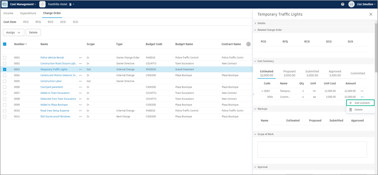 Cost item details panel showing subitems and hierarchy