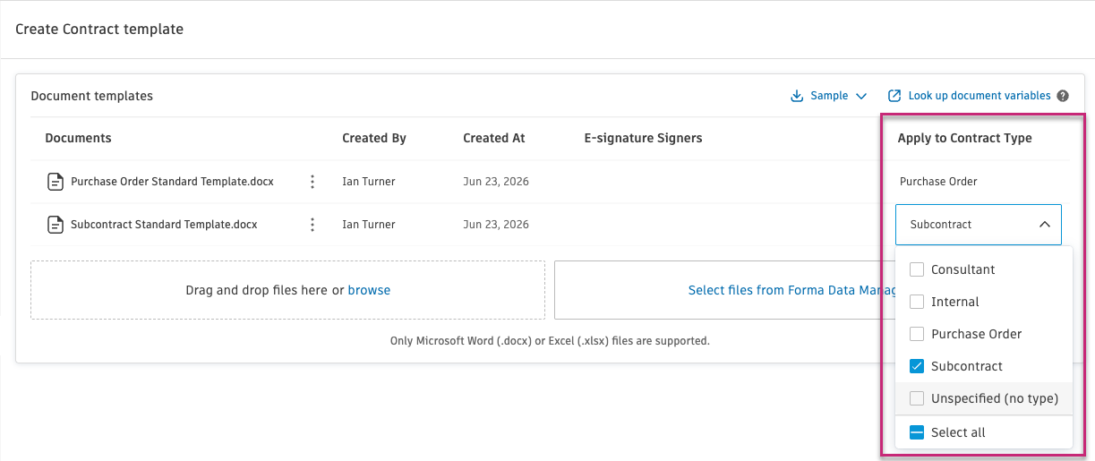 Apply to Contract Type dropdown in the document templates table showing contract type options