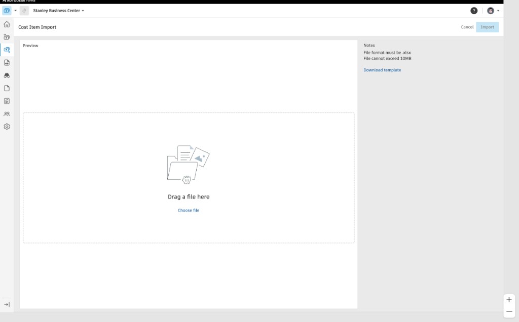 Cost Item Import page with drag-and-drop area, Download template link, and file requirements