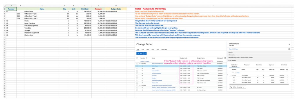 Excel cost item import template showing columns, hierarchy example, and formatting notes