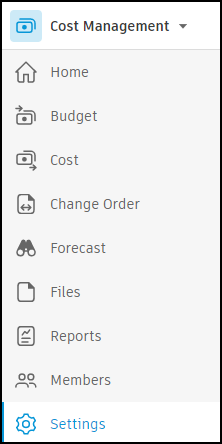 Cost Management Settings tool left navigation panel