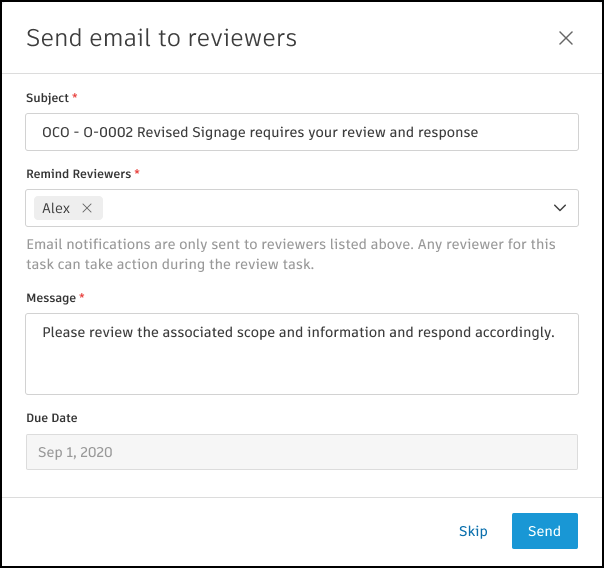 Approval workflow send dialog