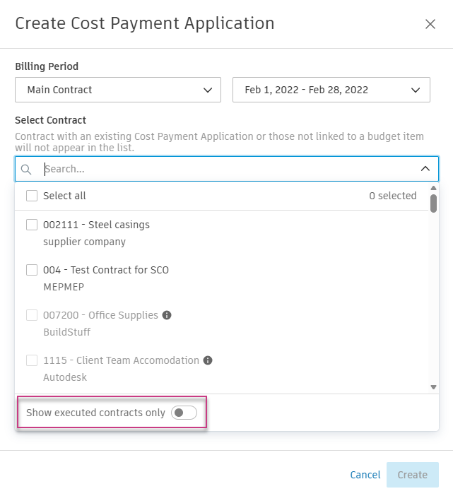 Create Cost Payment Application dialog with contract list and Show executed Contract only toggle off