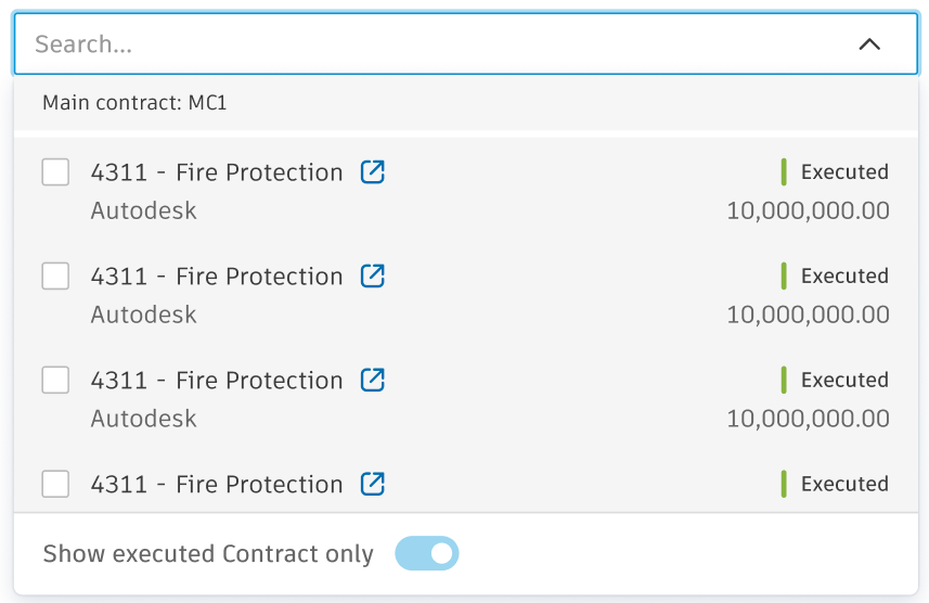 Collaborator contract picker showing executed contracts for the same supplier