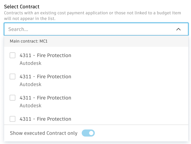 Cost payment application contract picker limited to executed contracts with disabled toggle
