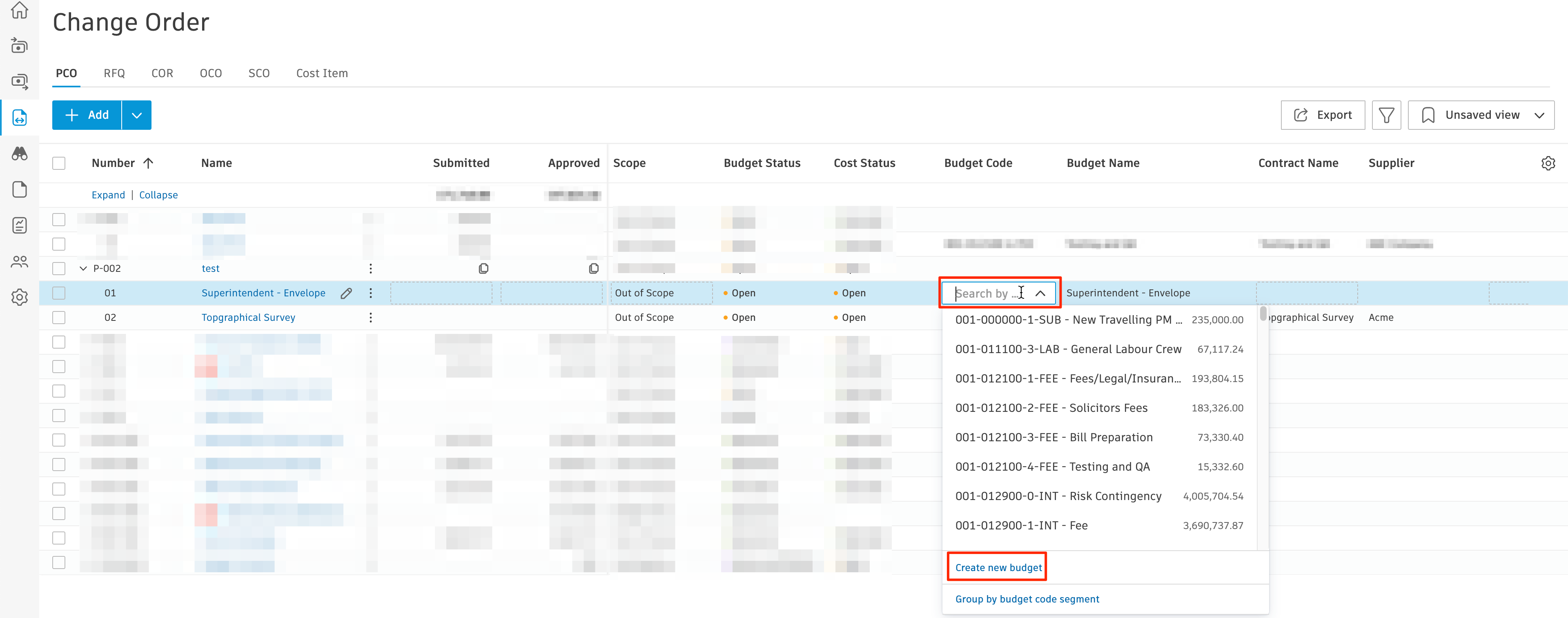 Cost item budget dropdown showing option to create a new budget