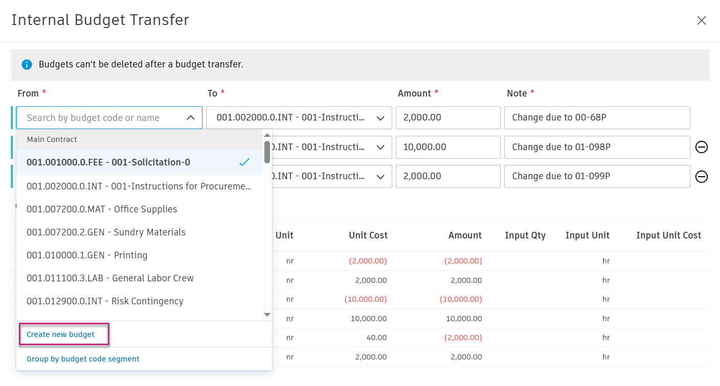 Creating New Budget During Transfer