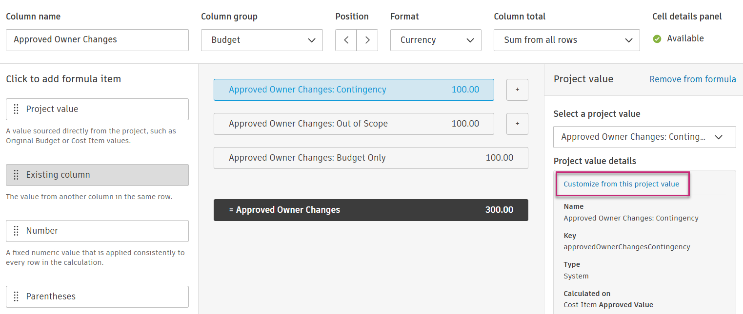 Customize from this project value link on a system project value in column settings
