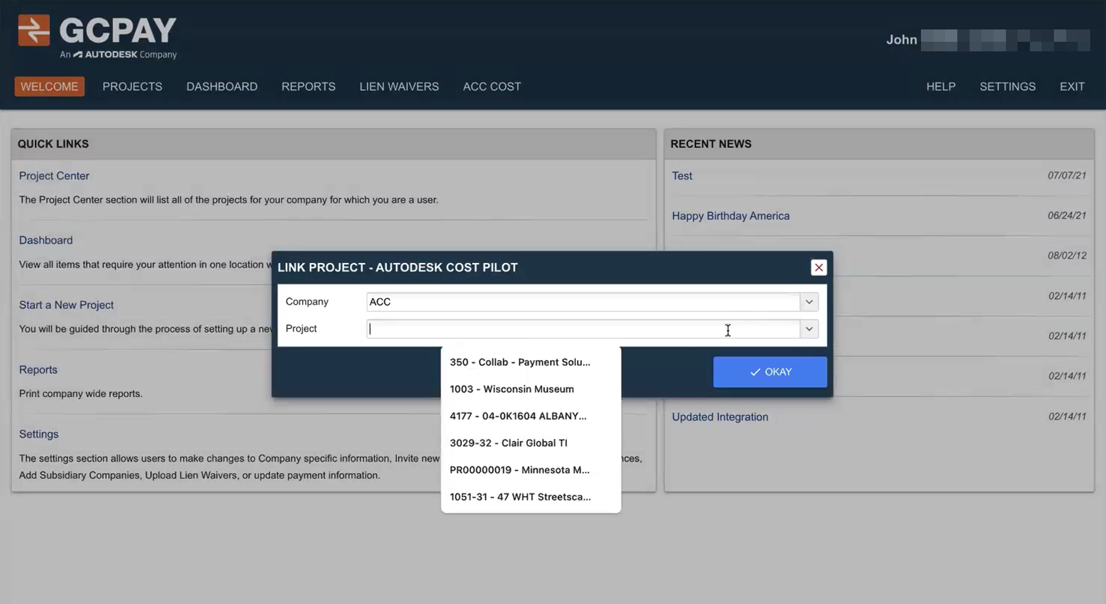 Link project dialog in GCPay