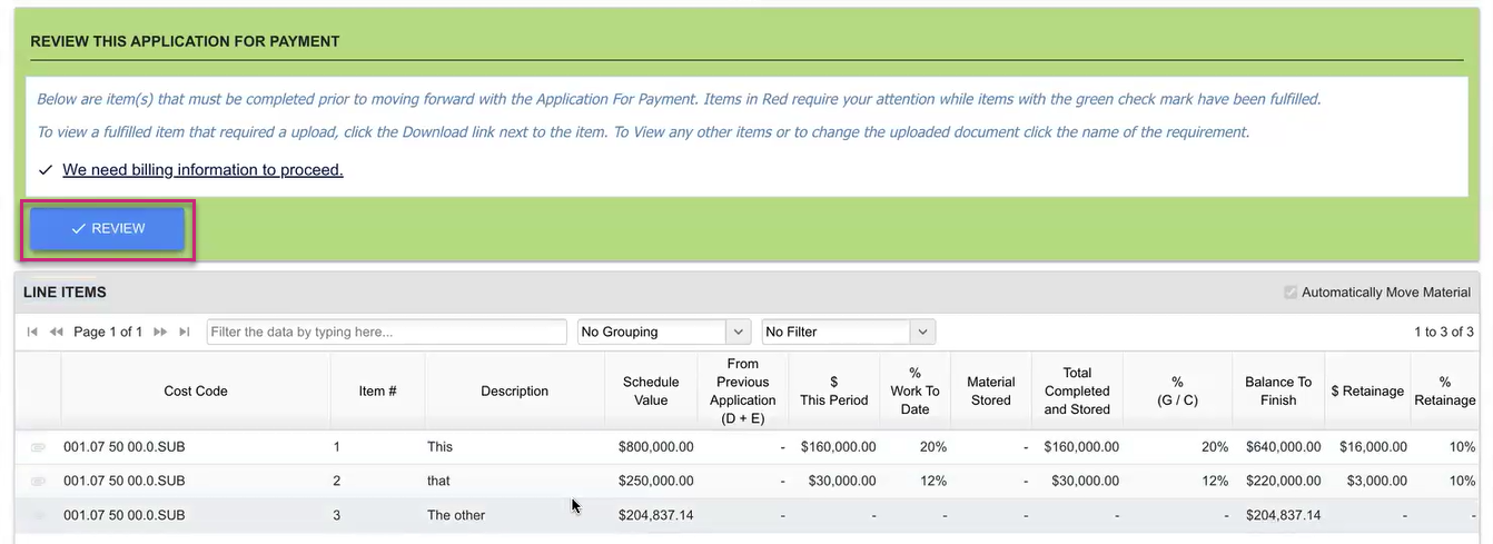 Button to start reviewing in the Review This Application for Payment section