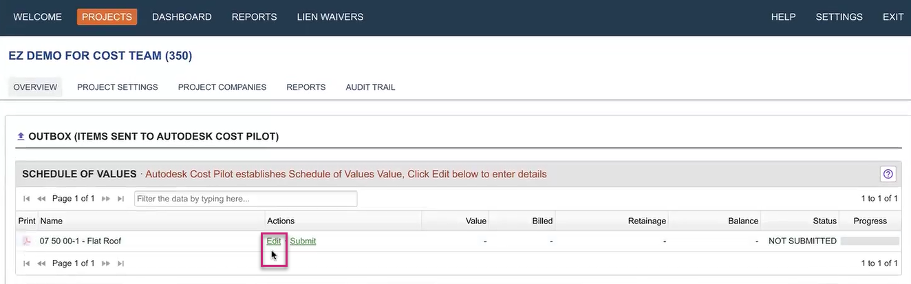 Schedule of Values breakdown interface in GCPay