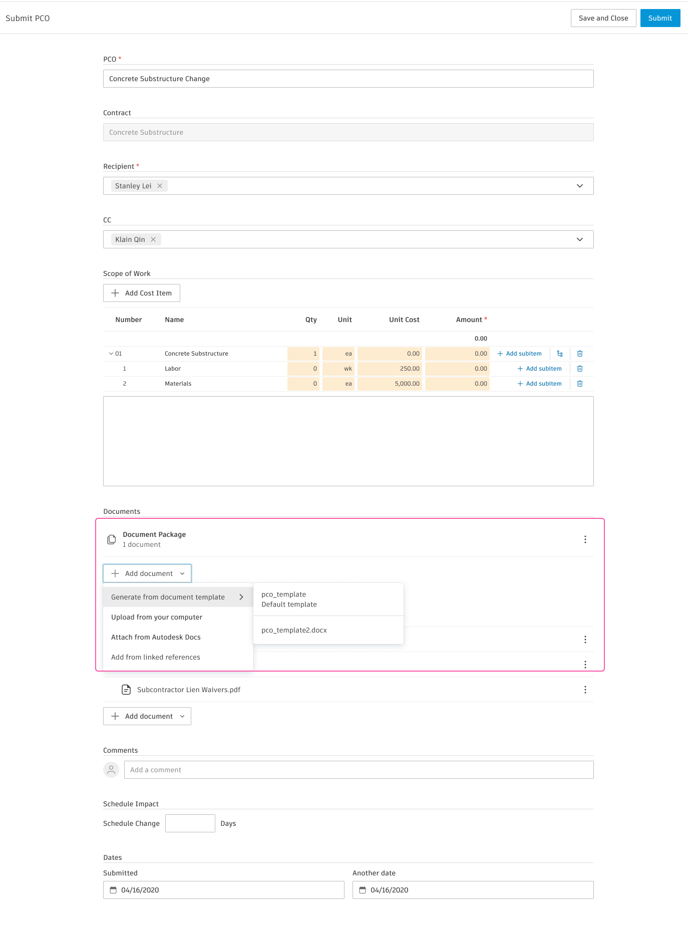 Add document menu on the PCO flyout showing Generate from document template
