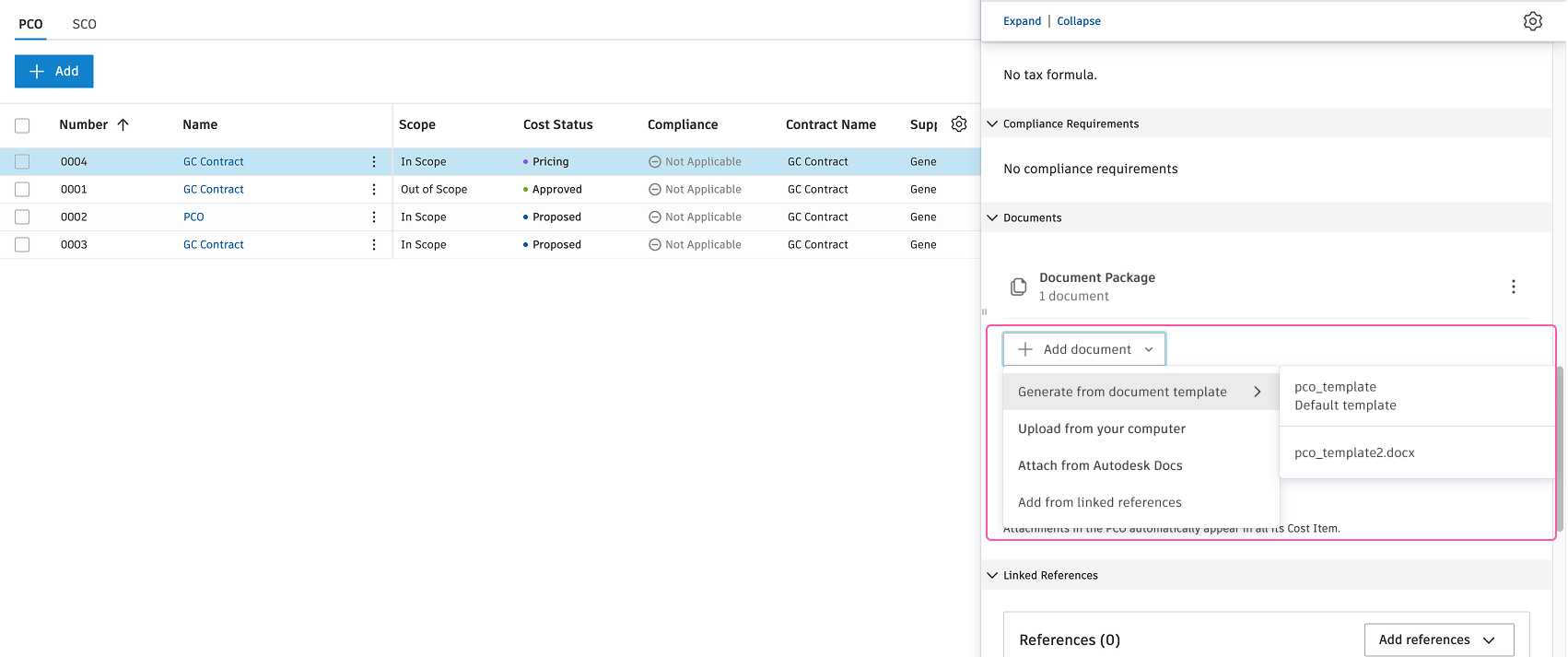 Documents section on the Submit PCO page with Generate from document template option