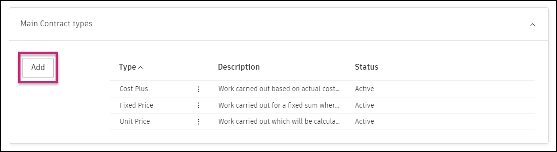 Main Contract Types settings with Add button to create custom contract types