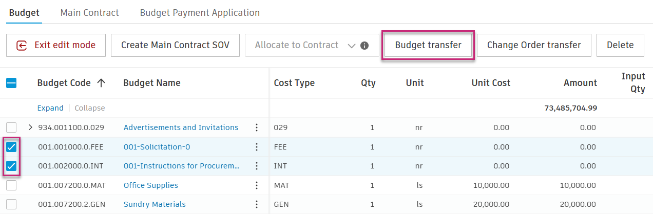 More Items in Budget Transfer