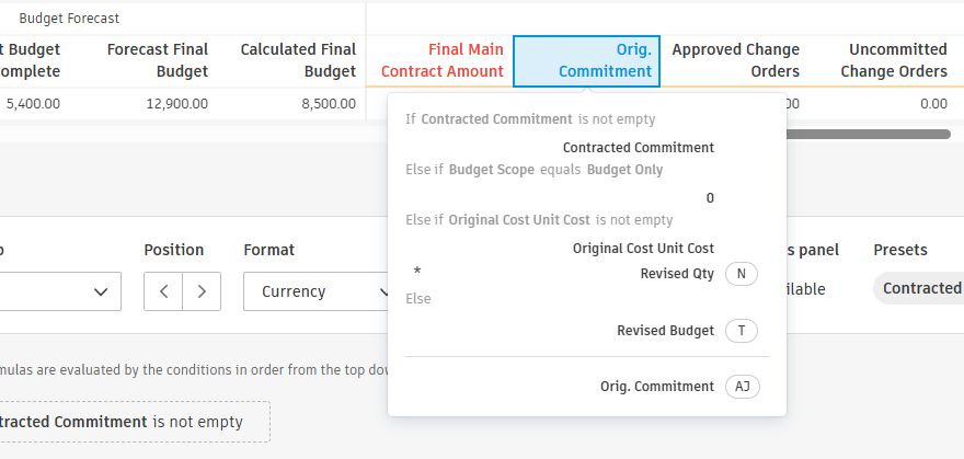 Orig Commitment column header tooltip showing default if-else formula logic