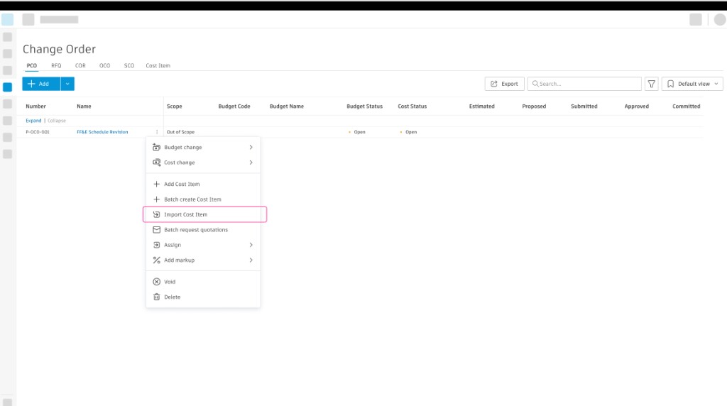 PCO More menu showing Import Cost Item option