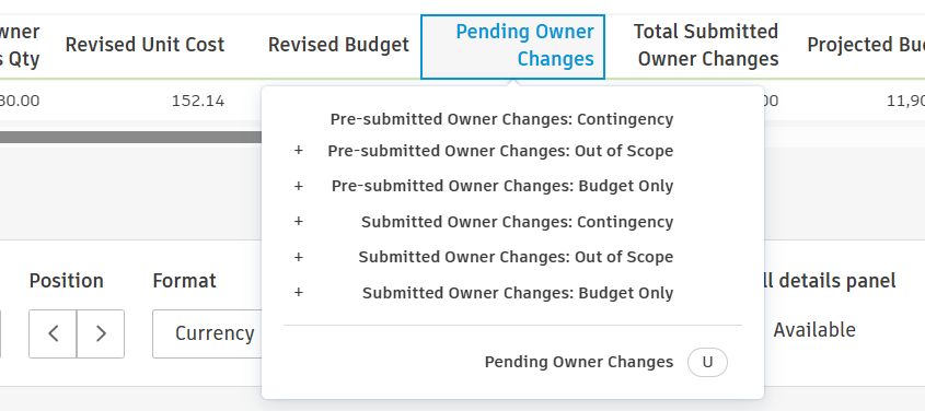 Pending Owner Changes column formula showing pre-submitted and submitted owner change project values