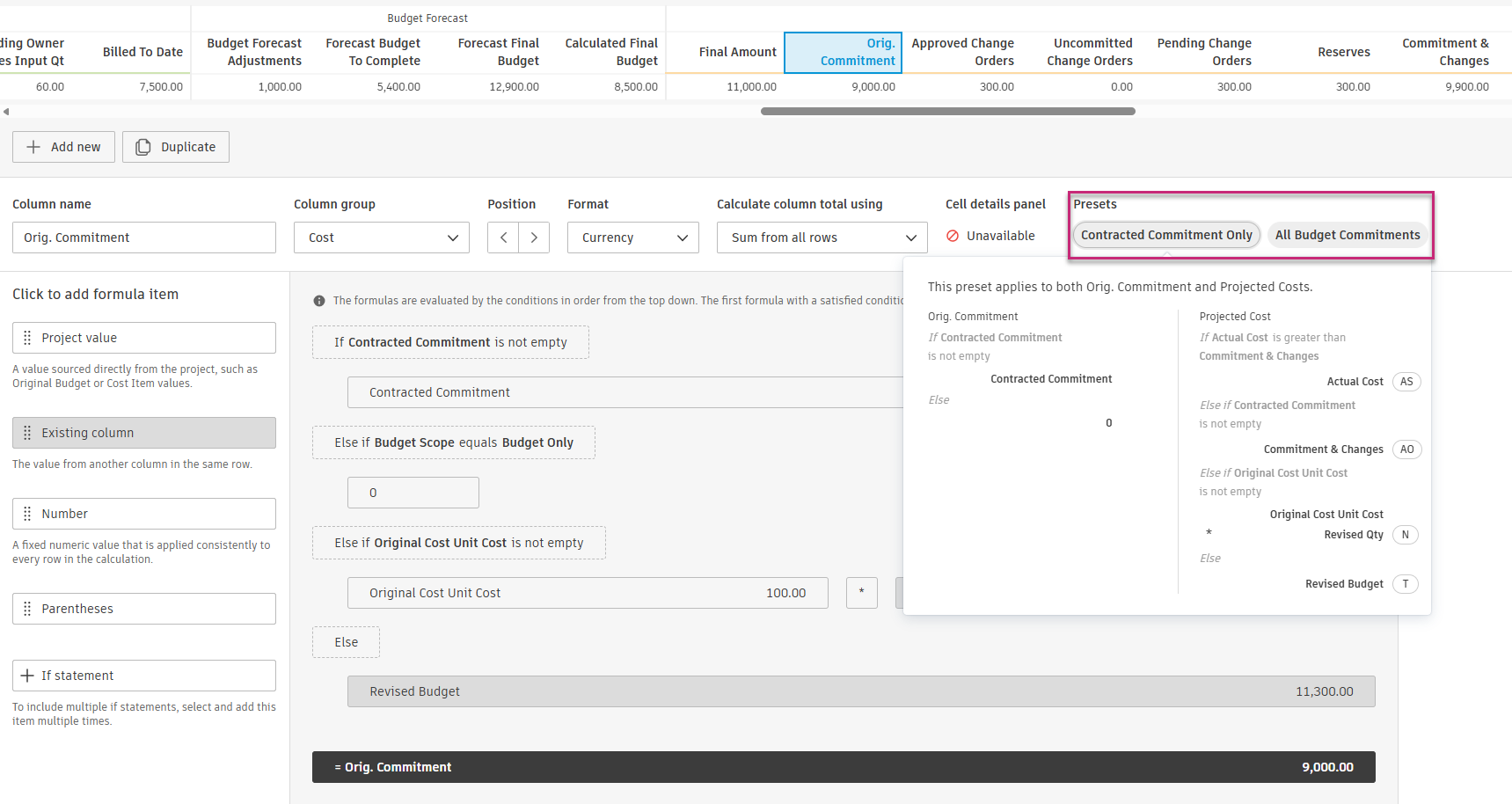 Contracted Commitment Only preset selected with tooltip showing Orig Commitment and Projected Cost logic