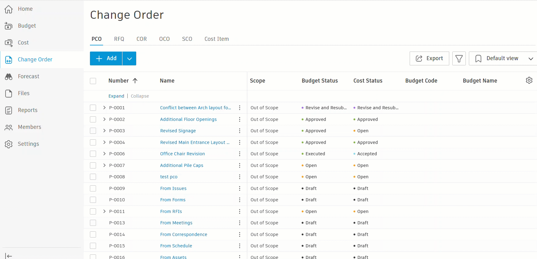 Animation showing how to reorder change order tabs in Forma Build