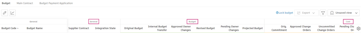 Budget and Contract table sections showing General, Budget, Budget Forecast, Cost, Cost Forecast, and Variance columns