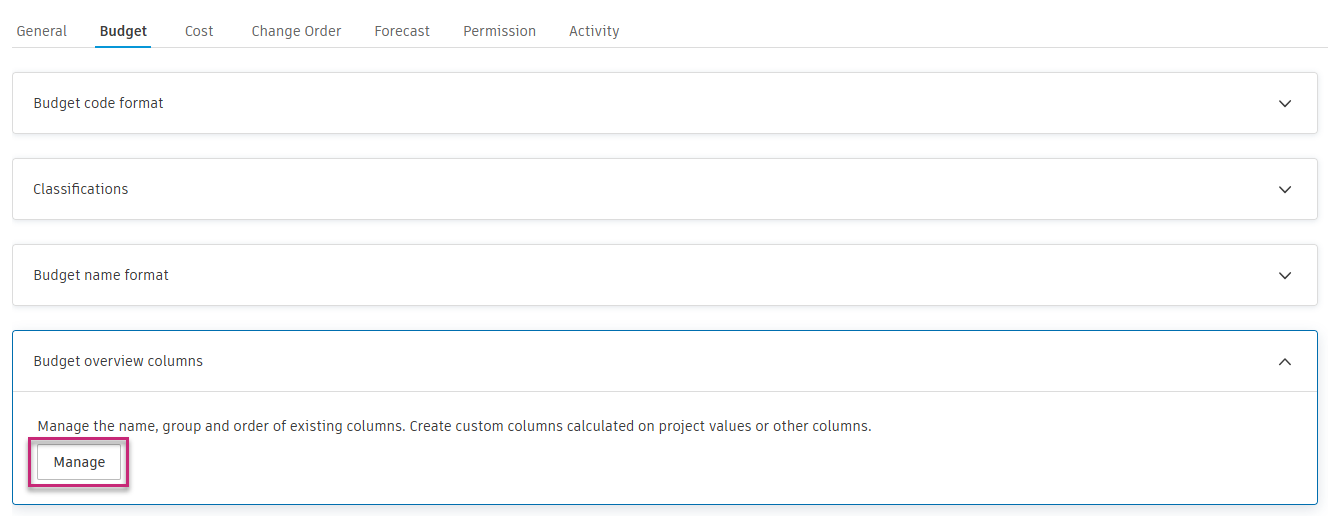 Budget overview columns card expanded with Manage button in Budget settings