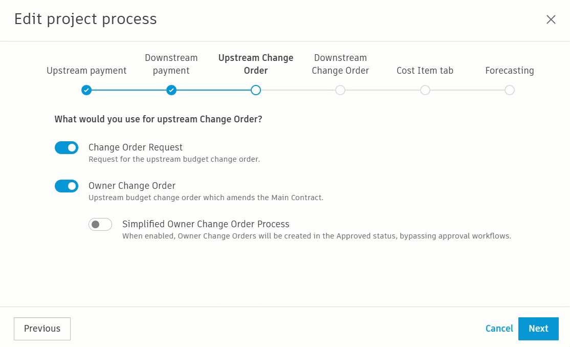 Simplified change order process toggles in project process settings