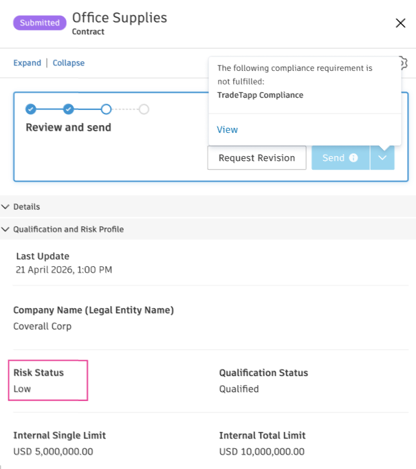 Send button disabled with TradeTapp Compliance not fulfilled tooltip in the contract flyout