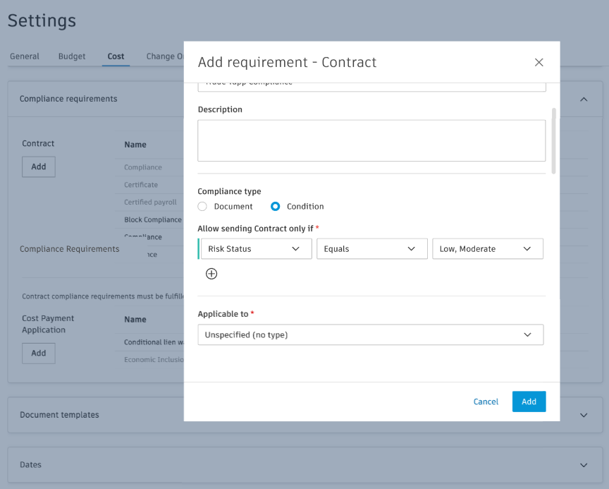 Add Requirement dialog showing a Risk Status condition with values selected from the TradeTapp category