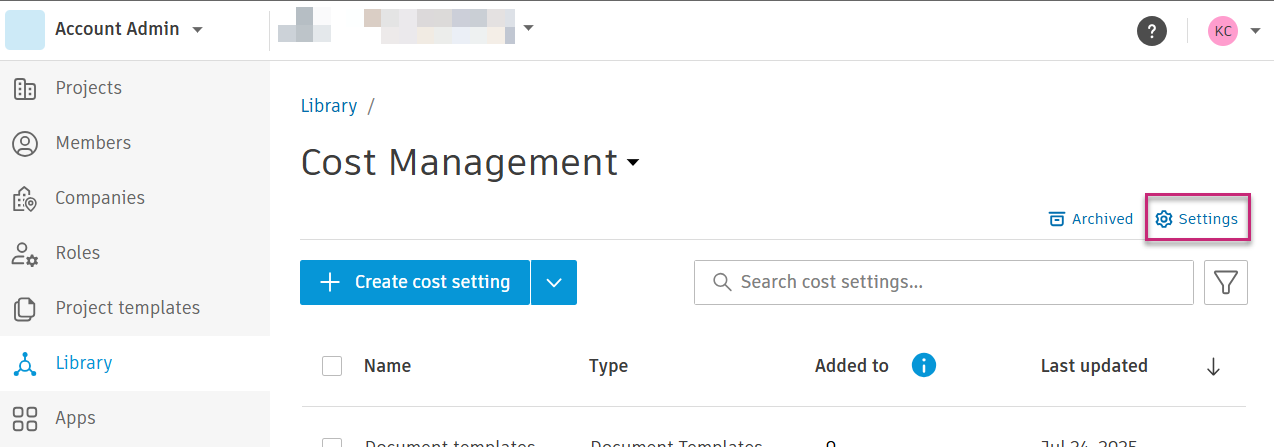Cost Management in Library showing Settings button