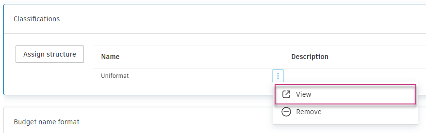 More menu in Classifications table with View option