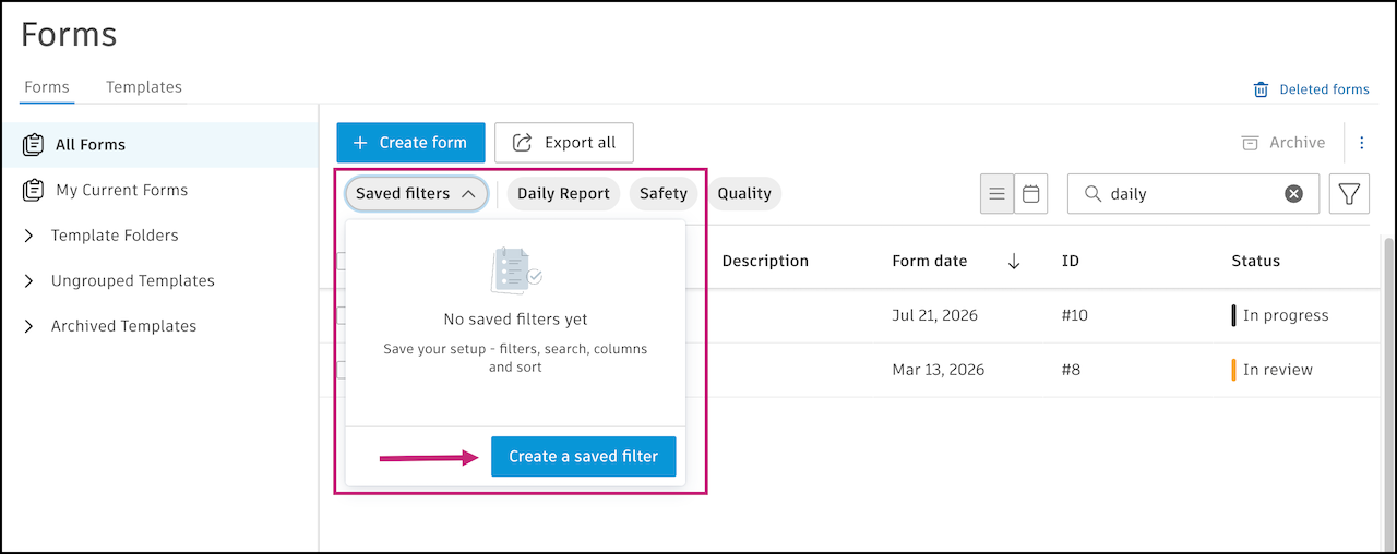 Saved filters drop-down menu