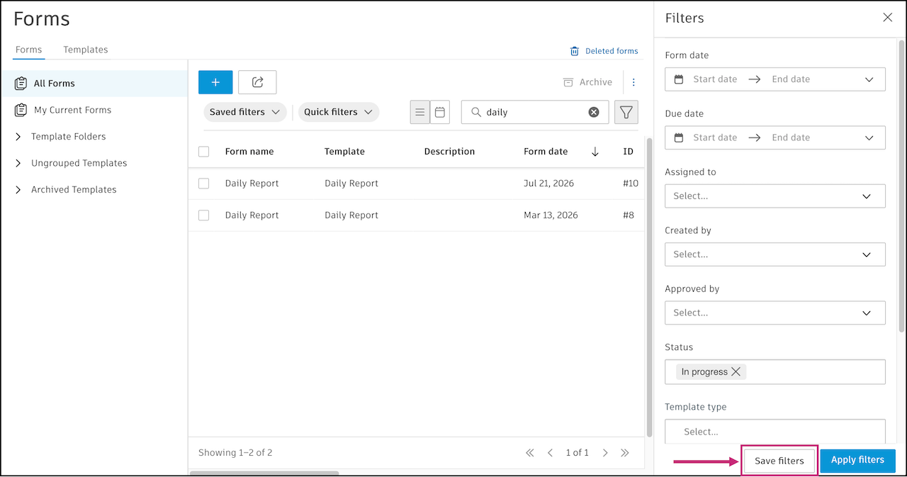 Save filters button