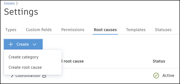 Create root cause or category