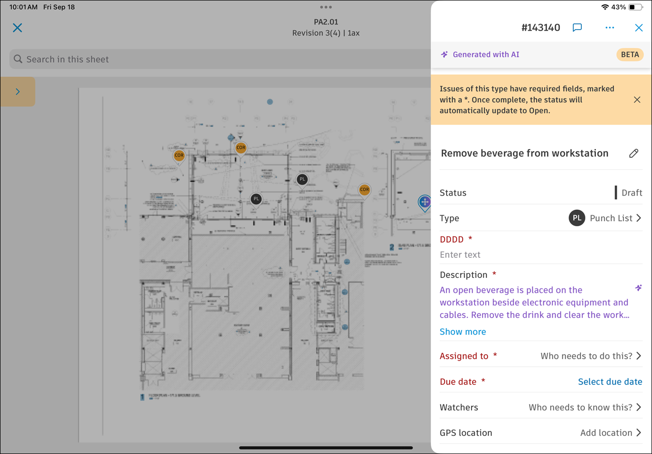 Issue details filled in by AI and marked in purple