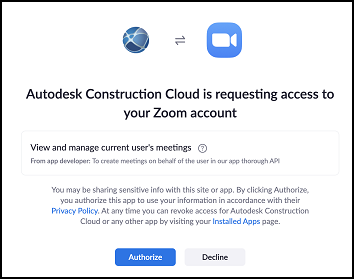 Zoom authorization dialog for Autodesk Construction Cloud access