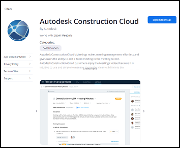 Zoom Marketplace showing Autodesk Construction Cloud app