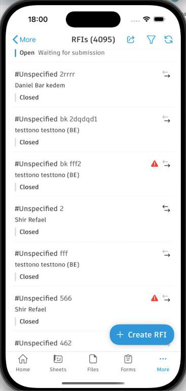 RFI activity log showing sharing details