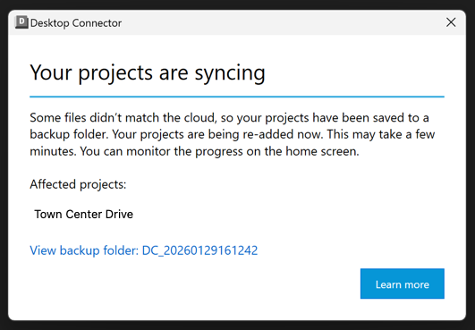 Your projects are syncing dialog