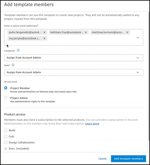 Add template members dialog