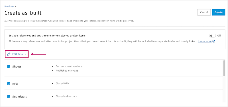 Edit as-built details dialog showing options to select items