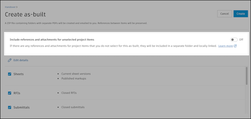 Toggle references in as-built export dialog showing the reference option