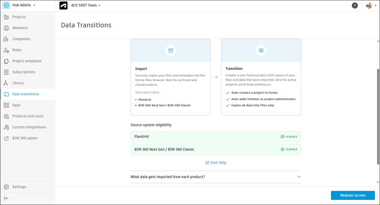 Data Transitions landing page with source products