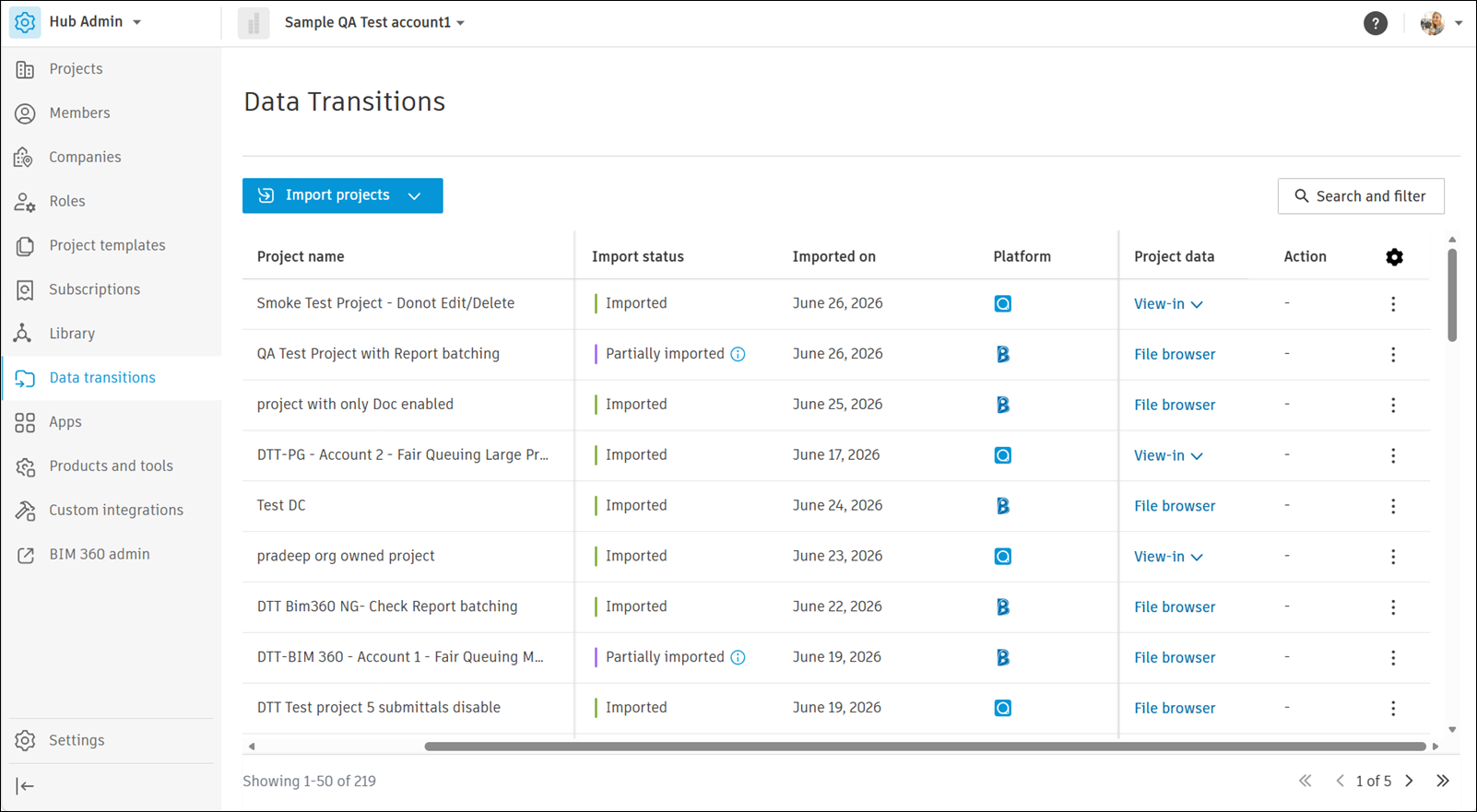 Data Transitions main page