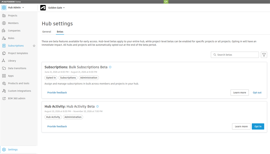 Betas tab in hub settings