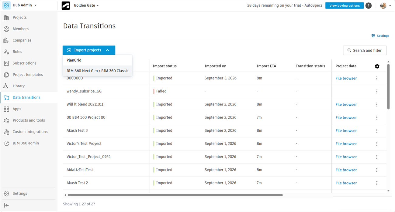 Import Projects Dropdown