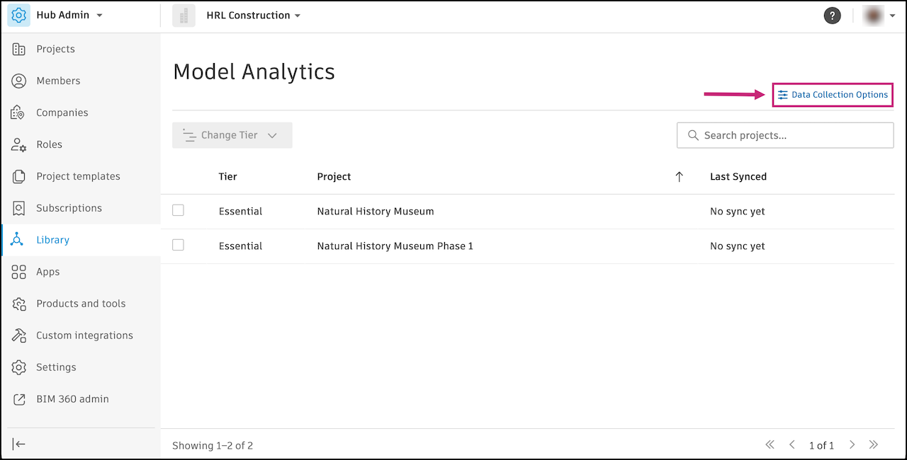 Data Collection Options button in Model Analytics Library