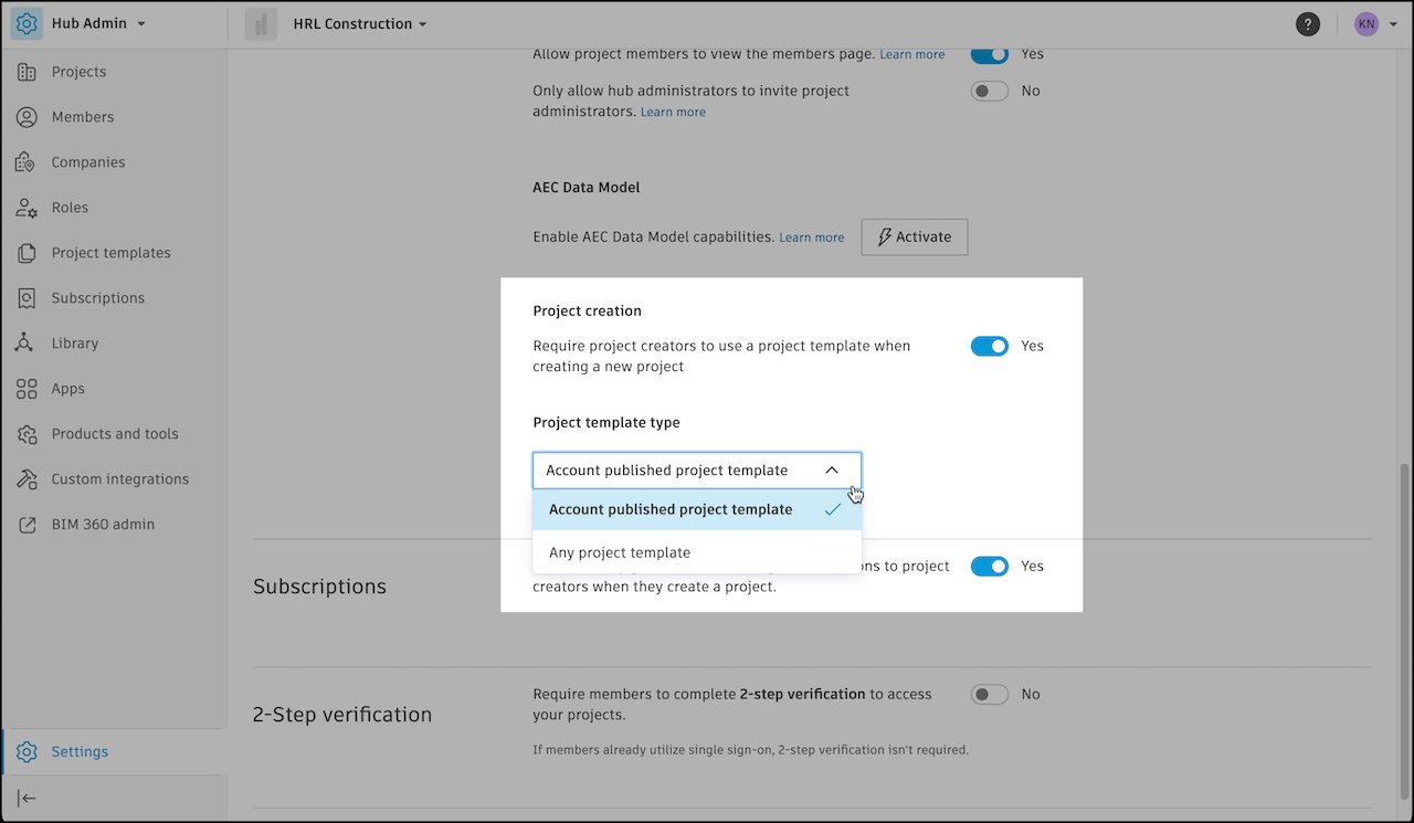 Project creation setting