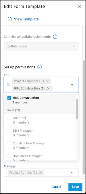Project form template permissions screenshot